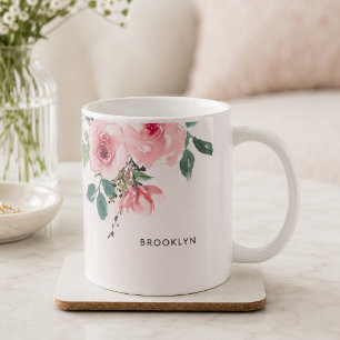 Caneca De Café Aquarela Floral Rosa Pálido Linda