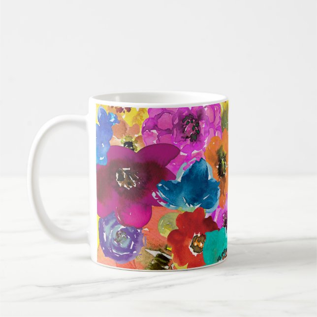 Caneca De Café Aquarela Flores Brilhantes e Felizes Mug (Esquerda)