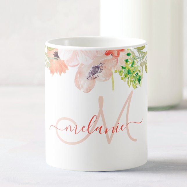 Caneca De Café Aquarela Flores Selvagens Rosa, Monograma Personal (Criador carregado)