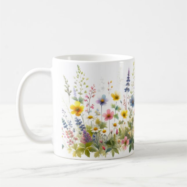 Caneca De Café Aquarela Flores Silvestres Flor Amarela Azul (Esquerda)