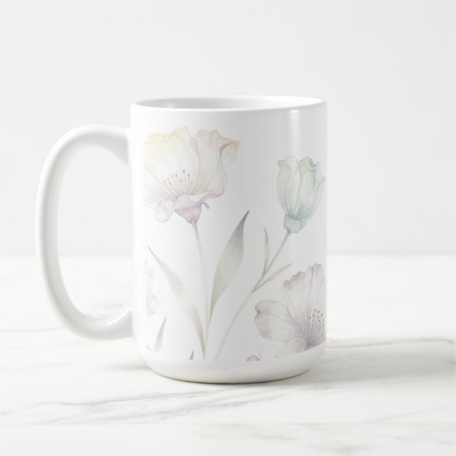 Caneca De Café Aquarela Flores Silvestres Pastéis Macios Graça (Esquerda)