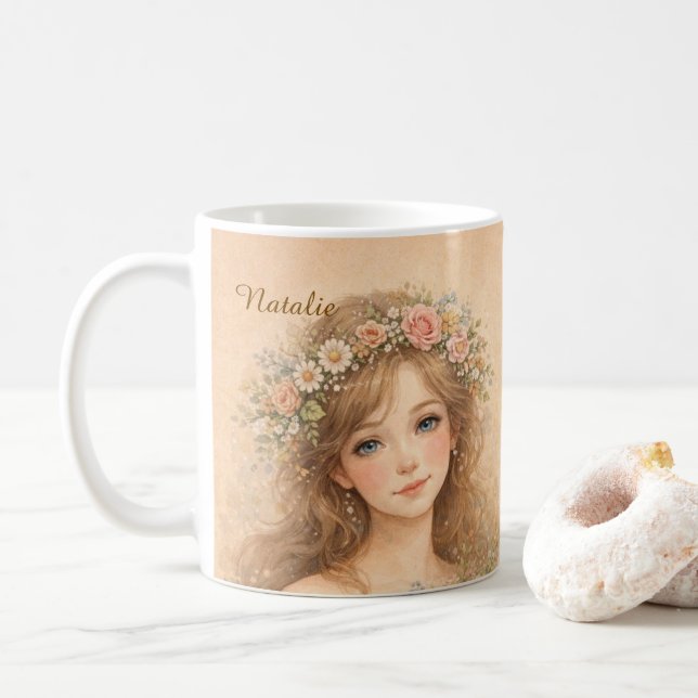Caneca De Café Aquarela fofa com sua foto e nome (Com Donut)