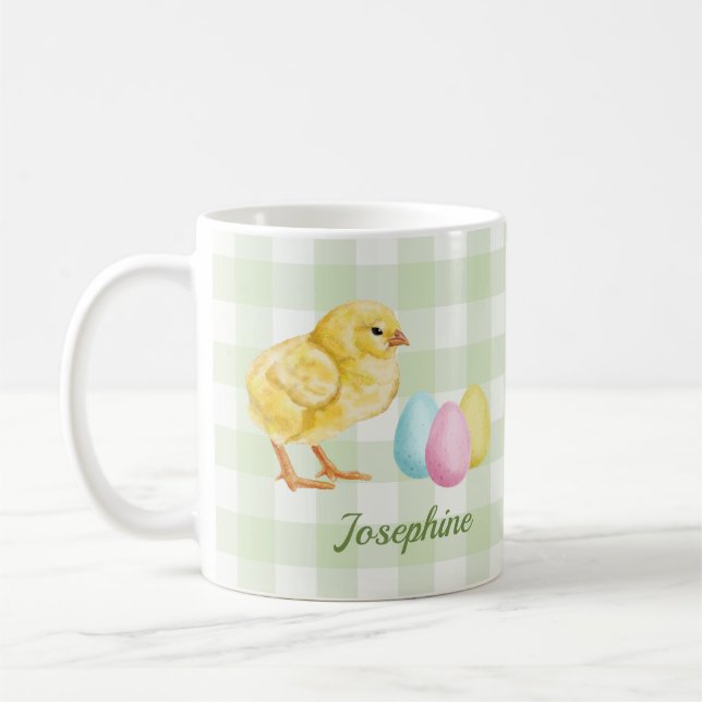 Caneca De Café Aquarela Frango e Ovos em Verde Com Nome (Esquerda)