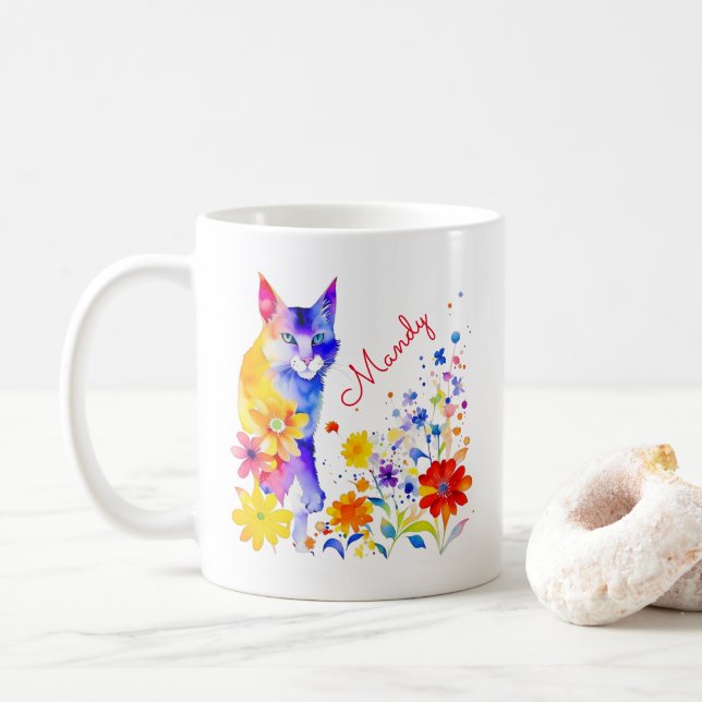Caneca De Café Aquarela Gato e Flores Personalizado (Com Donut)