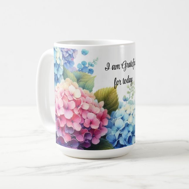 Caneca de Café Aquarela Gratidão Hortênsias (Frente Esquerda)
