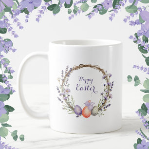 Caneca De Café Aquarela Grinalda de Páscoa Lavanda Ovos Coelhinho