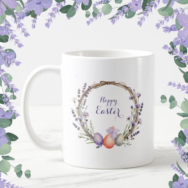 Caneca De Café Aquarela Grinalda de Páscoa Lavanda Ovos Coelhinho (Criador carregado)