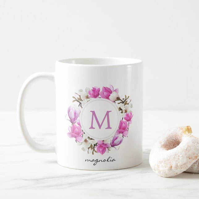 Caneca De Café Aquarela Magnolia Wreath Monograma (Com Donut)