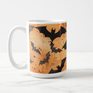 Caneca De Café Aquarela Morcegos Pretos em Laranja
