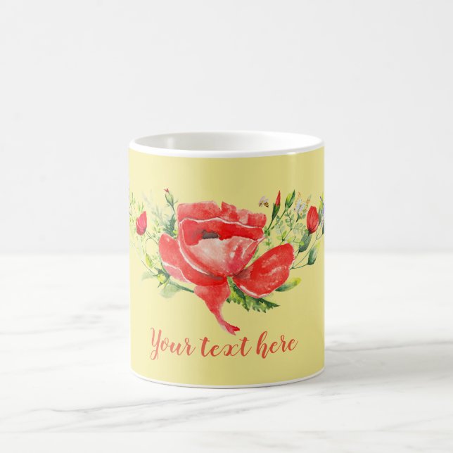 Caneca De Café Aquarela Papoulas Vermelhas Personalizadas (Centro)