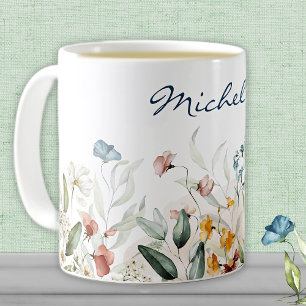 Caneca De Café Aquarela Personalizada Floral 11 oz. Clássica