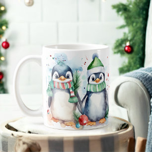 Caneca De Café Aquarela Pinguins Festivos Pinguins de Natal