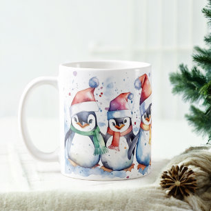 Caneca De Café Aquarela Pinguins Festivos Pinguins de Natal