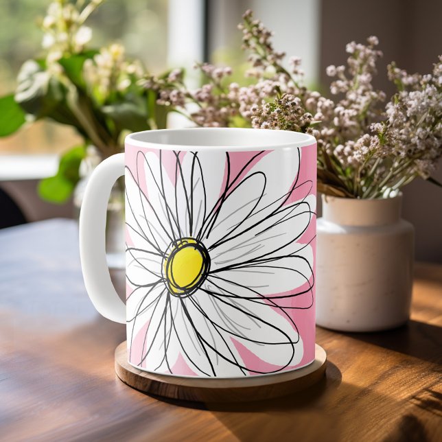 Caneca De Café Aquarela rosa com nome personalizado de margarida  (Mug template with a place for a name - whimsical daisy)