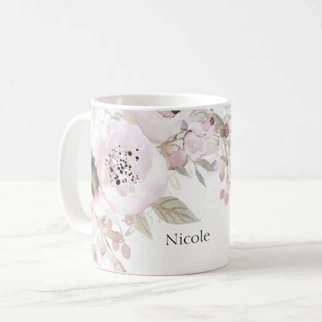 Caneca De Café Aquarela Rosa Suave Elegante Flores Florais Chic (Frente Esquerda)