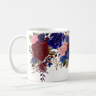 Caneca De Café Aquarela Rosas Flores Burgundy Navy Bonito