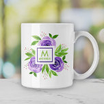 Caneca De Café Aquarela Rosas roxos Monograma personalizado<br><div class="desc">Esta linda caneca tem um estilo aquoso, rosas roxos, folhas e botões, um quadro branco quadrado com um quadrado roxo dentro no centro das flores. Perfeito para presente de aniversário, presente de dia de as mães, presente para sua esposa, avó ou um para você e seu melhor amigo. Disponível em...</div>