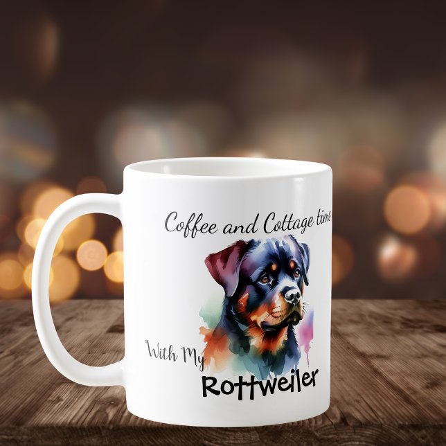 Caneca De Café Aquarela Rottweiler em Cottage Personalizar (Coffee and Cottage time with my Rottweiler watercolor, personalize, with your own words.)