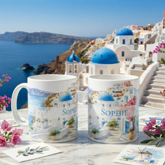 Caneca De Café Aquarela Santorini Grécia Presente com Nome Person