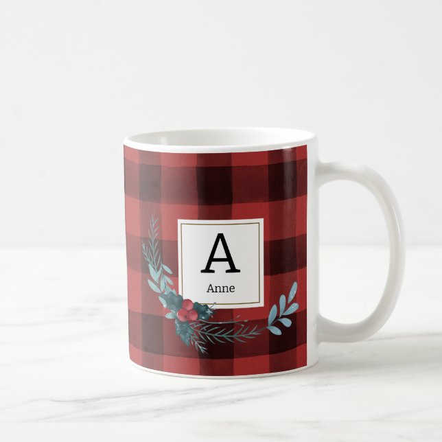 Caneca De Café Aquarela Tartan Natal Monograma (Direita)