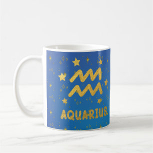 Caneca De Café Aquarius Zodiac Blue e Dourada Astrologia Mug