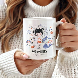 Caneca De Café Aquarius Zodiac Sinal Mug, Garota Bonita e Oceano