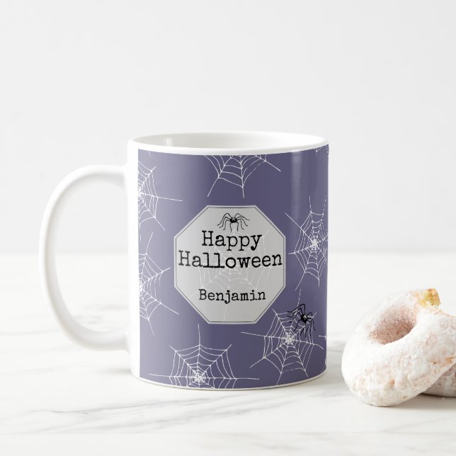 Caneca De Café Aranhas e Semanas Roxas Felizes Halloween (Com Donut)