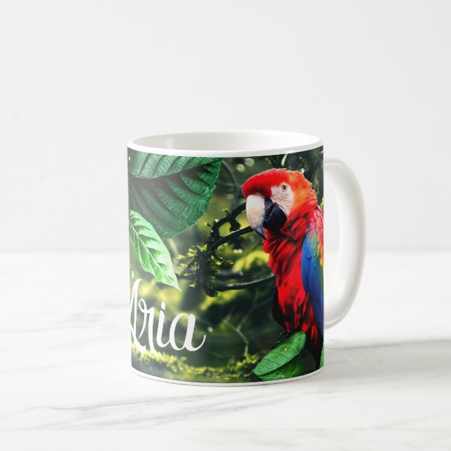 Caneca De Café Arara-escarlate na selva com flores (Frente Esquerda)