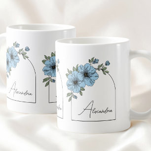 Caneca De Café Arco Botânico Preto Elegante Floral Azul Script