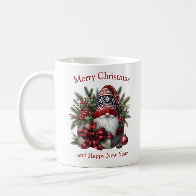 Caneca De Café Arco de tartan de Natal e gnomo com presentes (Esquerda)