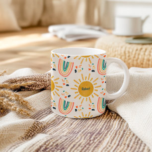 Caneca De Café Arco-íris Boho Retro Amanhecer Sunshine Aquarela