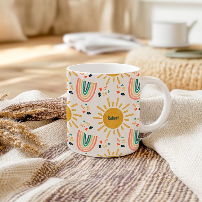 Caneca De Café Arco-íris Boho Retro Amanhecer Sunshine Aquarela  (Criador carregado)