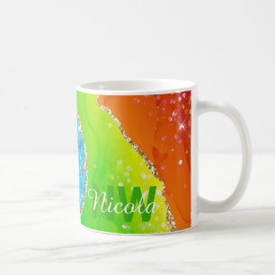 Caneca De Café Arco-íris Brilhante & Monograma de Ágata com Brilh