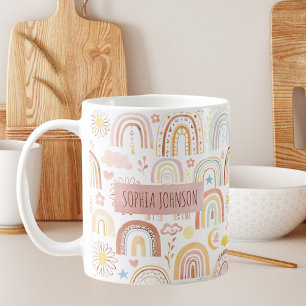 Caneca De Café Arco-íris Coloridos Fofos e Flores de Margarida Ab