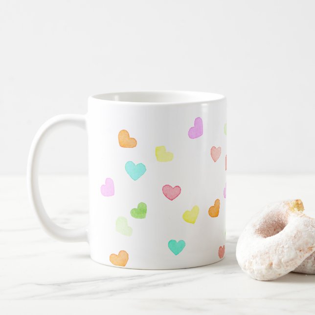Caneca De Café Arco-íris corações aquarela alegria (Com Donut)