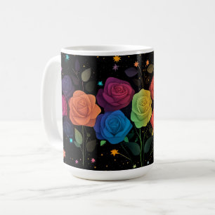 Caneca De Café Arco-Íris Rosas coloridos Galáxias estrelas branca