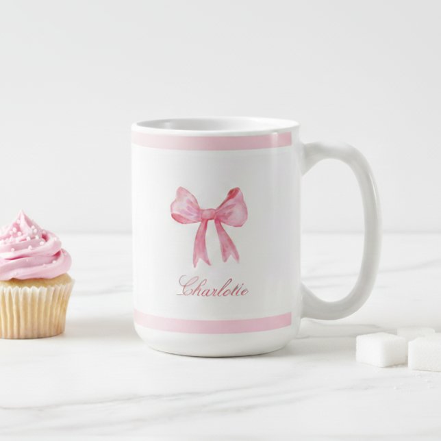 Caneca De Café Arco Rosa Coquette (pink coquette bow mug with custom name in script caliigraphy, personalized birthday gift for girls)