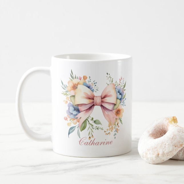 Caneca De Café Arco Rosa Monograma Coquette Flores Aquarela (Com Donut)