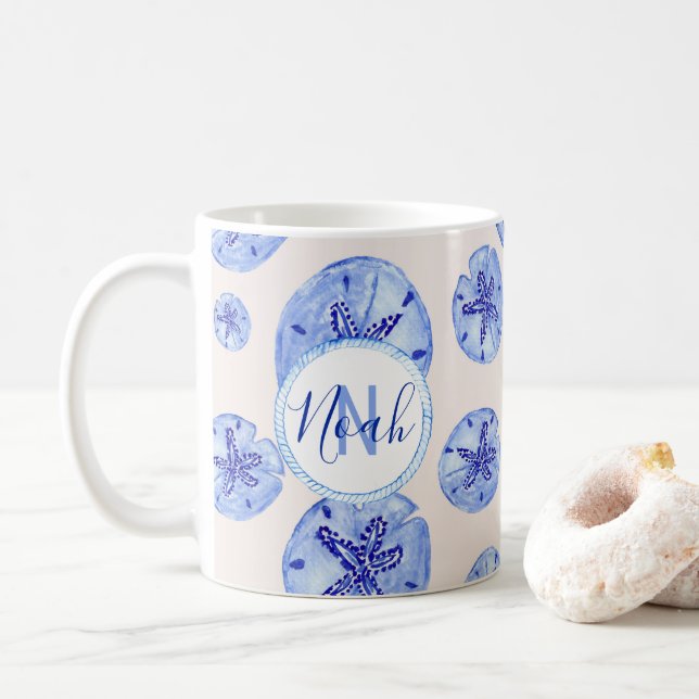 Caneca De Café Areia azul dólar aquarela nome personalizado do mo (Com Donut)