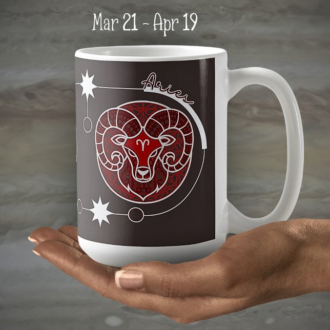 Caneca De Café Aries Zodiac Sinal Astrologia Mandala Cinza Vermel (Criador carregado)