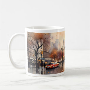 Caneca De Café Arranha-céus, Lanterna de Rua e uma Chuva
