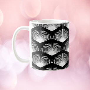Caneca De Café Art Deco White Fan Patterno Preto Fundo