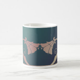 Caneca De Café Art nouveau fuschia flor rosa azul esverdeada esve