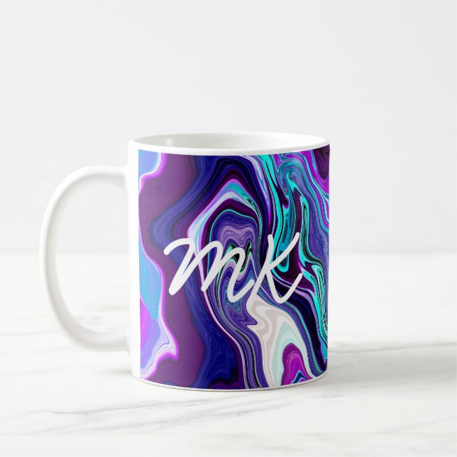 Caneca De Café Arte Abstrato de Fluidos Roxos, Azuis e Teais (Esquerda)