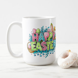 Caneca De Café Arte Alegre da Páscoa com Orelhas de Coelho e Flor