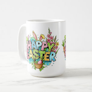 Caneca De Café Arte Alegre de Páscoa com Orelhas de Coelho e Flor