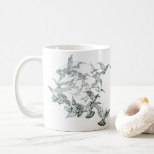 Caneca De Café Arte Antiga Arte Nova Rebanho de Pássaros com Lua