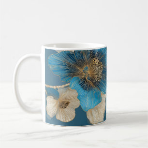 Caneca De Café Arte Botânica Floral em Azul e Dourado da Papoula