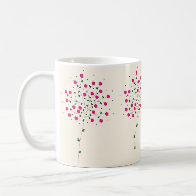 Caneca De Café Arte Botânica Harmônica com Flores Rosas e Folhas (Esquerda)