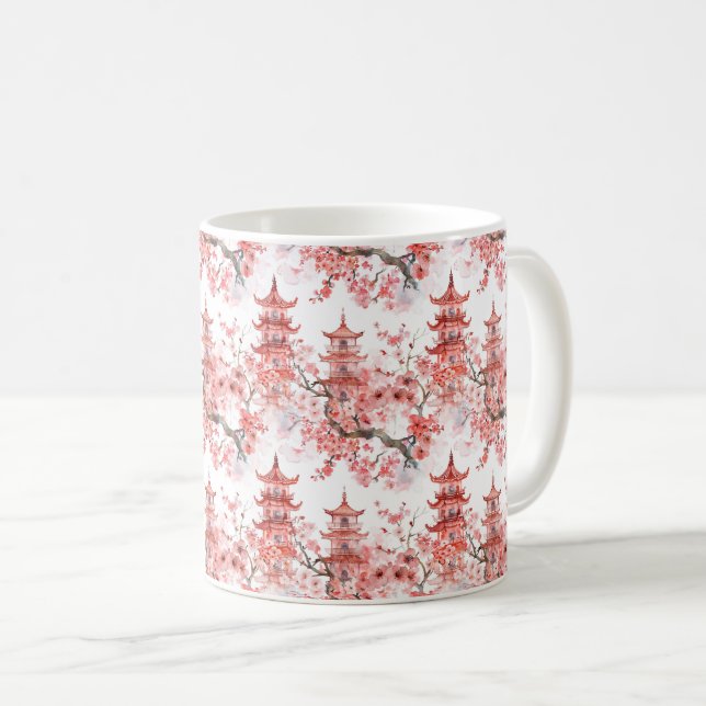 Caneca De Café Arte Cênica de Pagode Asiática Vintage com Flor de (Frente Esquerda)